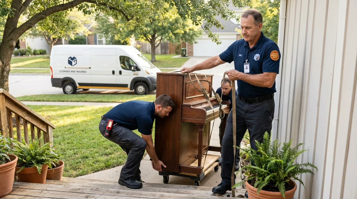 Licensed piano movers securing grand piano in Alpharetta, GA