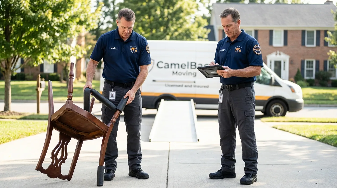 Movers inspecting furniture for damage prevention before loading in Alpharetta, GA