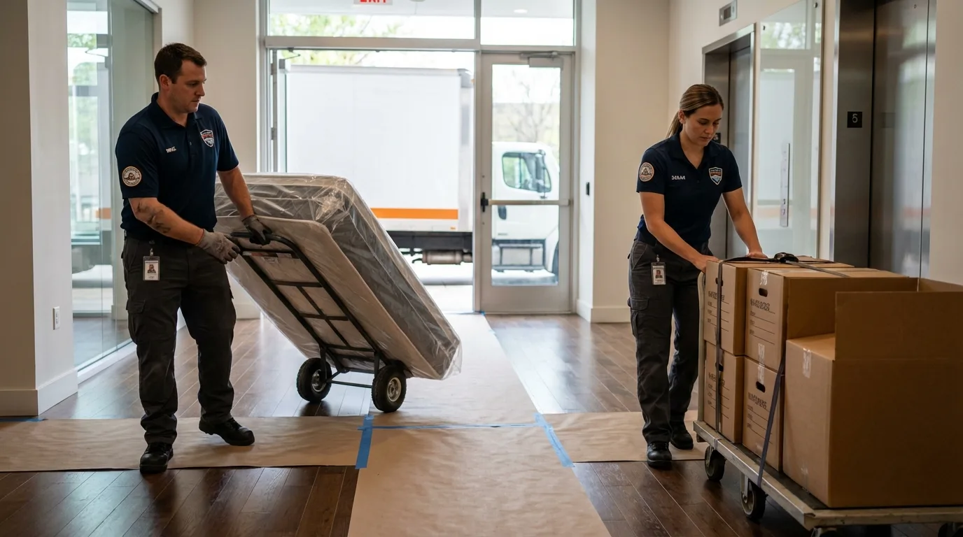 Professional apartment movers loading elevator in Alpharetta, GA