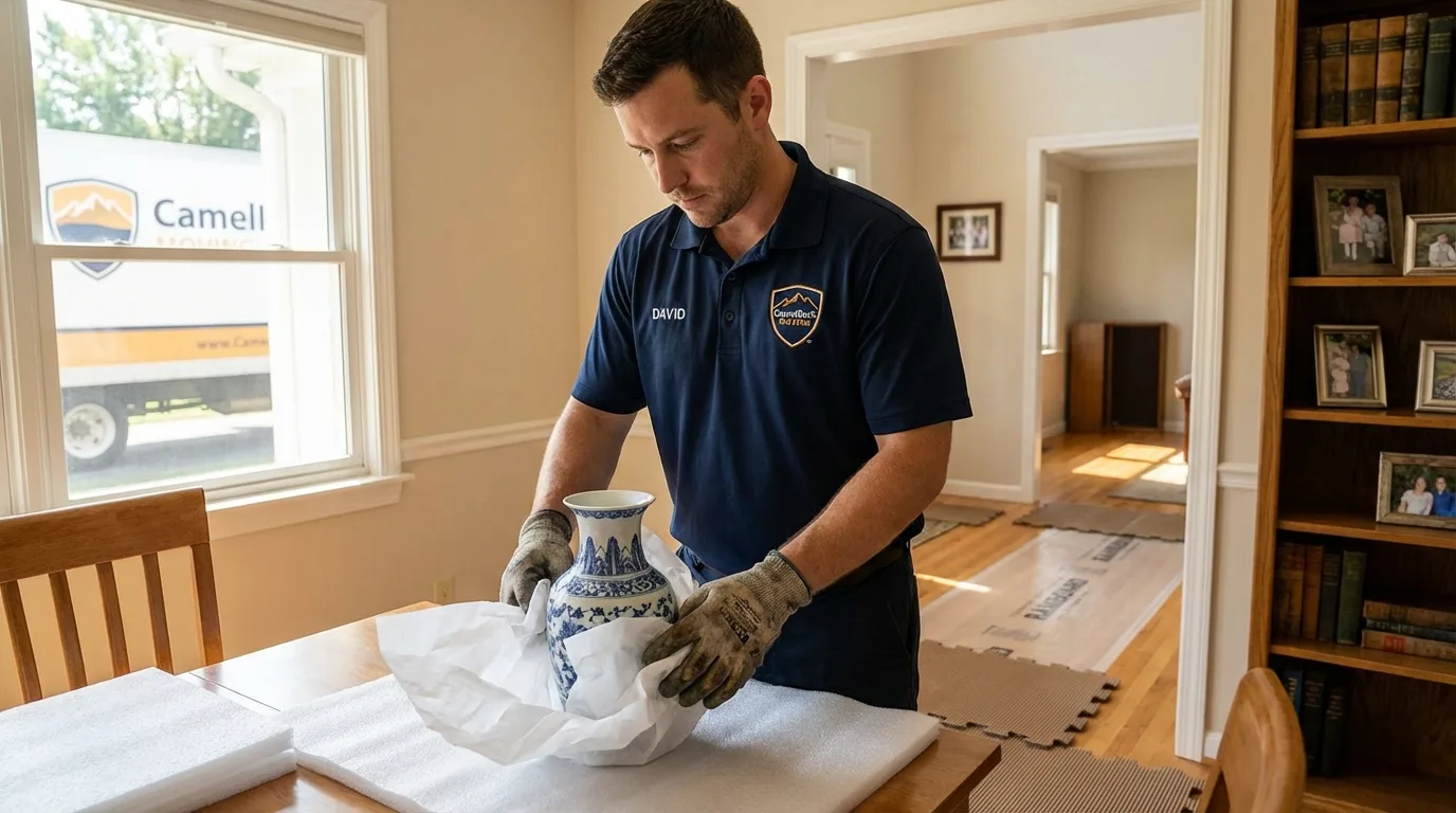 Professional crew carefully wrapping antique vase for senior downsizing move in Alpharetta, GA